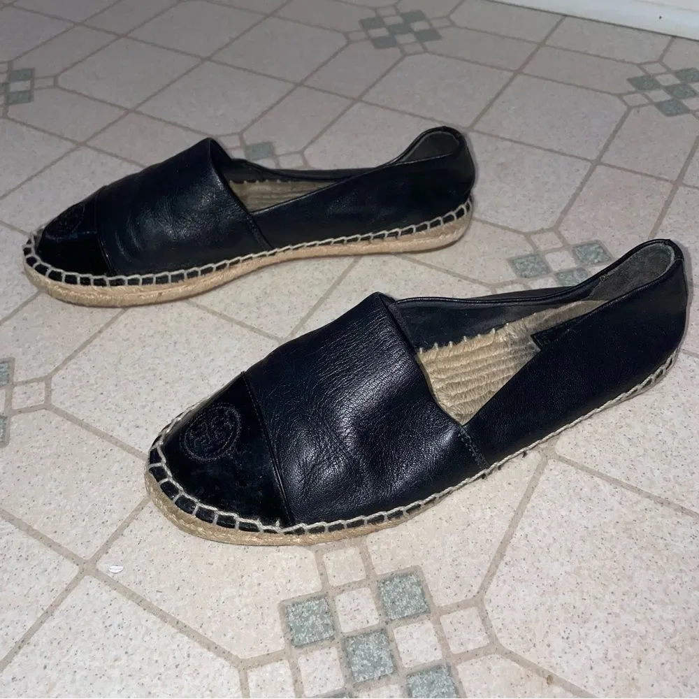 Tory Burch Black Leather Logo Cap Toe Espadrille Flats Women Size 6.5 ColorBlock